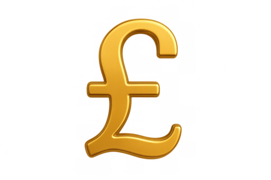 Golden pound sterling symbol representing currency, wealth, economy, and financial success on transparent background