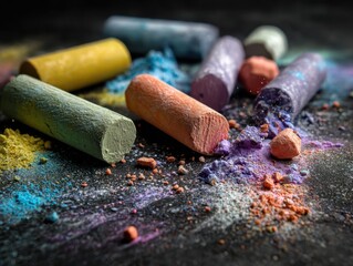 Close-Up of Colorful Chalk Pieces with Scattered Powder: Vibrant Hues on a Dark Surface Creating a Dramatic Visual Display for Art, Design, and Creative Projects
