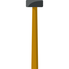 A flat design illustration of a large hammer with a gray striking head and a long brown handle isolated on a white background representing tools and construction.
