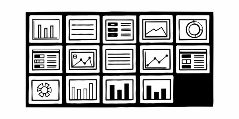 Display of various charts and graphs arranged in a grid pattern showing data visualization tools on transparent background