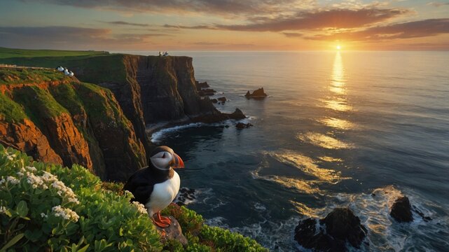 Puffin perched on a cliff during sunset, overlooking the ocean with dramatic rock formations