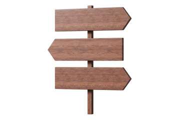 3d wooden signpost with 3 blank arrows icon. direction navigation concept. Minimal cartoon road sign signpost wayfinding for map ui banner. isolated on white background. 3d render.