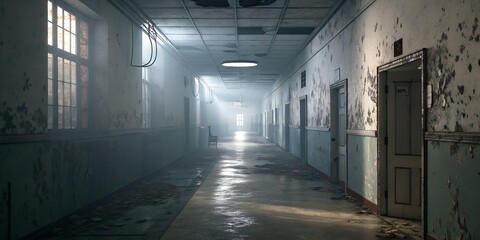 Eerie abandoned hospital hallway with dusty light shafts and decaying walls