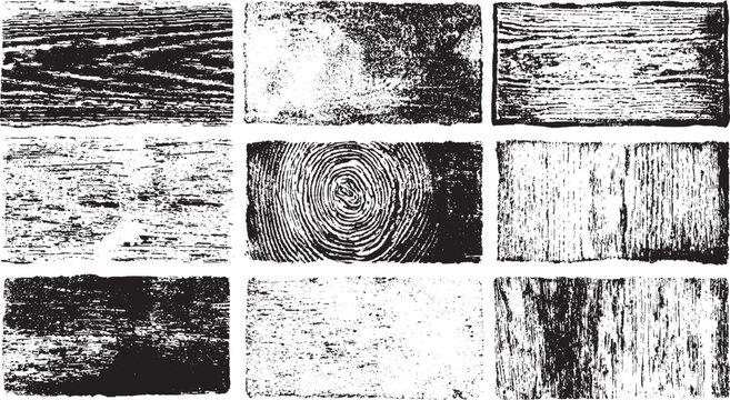 Set of Nine Black and White Wood and Grunge Textures Rubbed aged texture with a halftone raster pattern. Black and white grunge frame. rough and dirty texture vector design on transparent background.