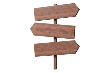 3d wooden signpost with 3 blank arrows icon. direction navigation concept. Minimal cartoon road sign signpost wayfinding for map ui banner. isolated on white background. 3d render.