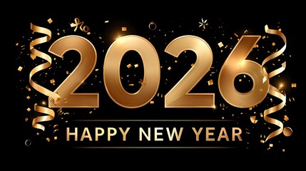 New Year 2026 gold metallic numerals with black background festive luxury celebration