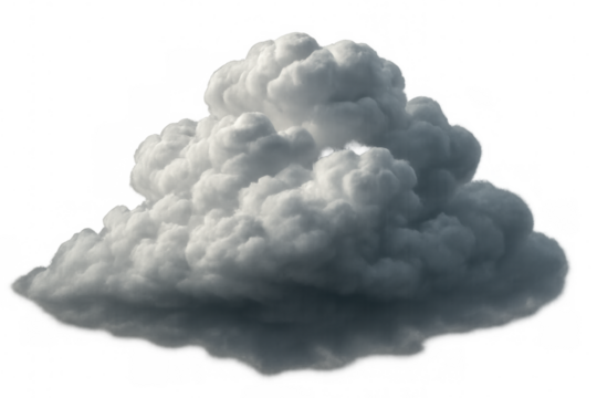 Dark cumulus cloud developing against a transparent background, stormy weather bringing rain, meteorology element