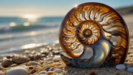 Stunning close-up of a polished ammonite shell on a sandy beach with ocean waves in the background