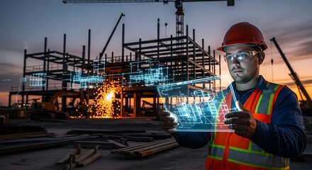 Construction worker using ar at construction site during sunset time