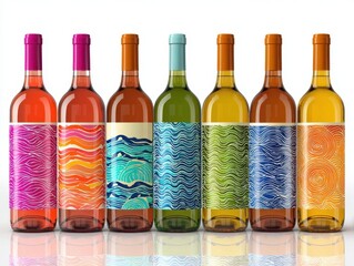 Colorful Variety of Alcoholic Beverages Bottles: Bright Designs and Wave Patterns Against White Backdrop for Advertising and Design Projects Featuring Drink Concepts, Artistic Visuals