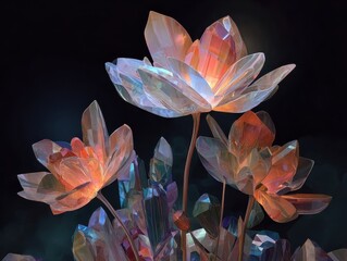 Stunning Crystal Lotus Flowers Glowing Petals Abstract Gemstone Composition Dark Background Artistic Botanical Illustration