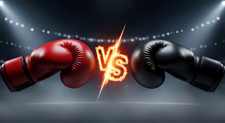 Red versus black boxing gloves clash for an epic showdown in the ring, energetic combat sport challenge, competition