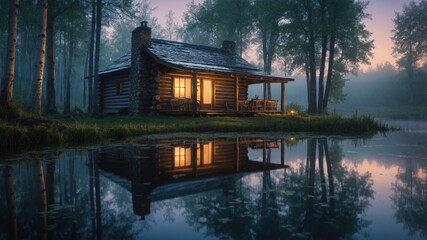 Fototapeta premium Serene log cabin by a calm pond at dawn, surrounded by misty trees reflecting in the water