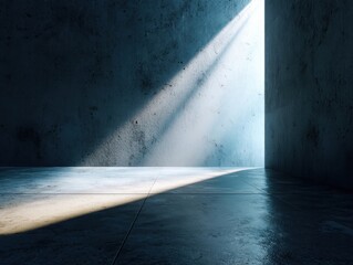 Abstract Concrete Room with Blue Light: Modern Architectural Space, Minimalist Design, Empty Stage, Light Ray, Rough Wall, Industrial Background