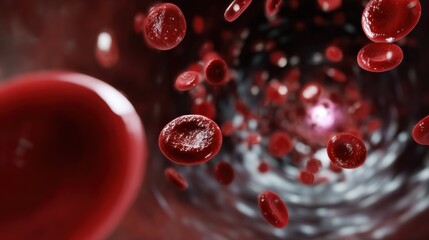 A close-up of red blood cells moving through a blood vessel. Concept of health, medicine, and circulation.