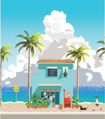 Summer scenery where dogs and people walk in front of a blue house on the street by the sea with palm trees