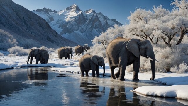 Majestic elephants walking through a snowy landscape near a tranquil river, surrounded by mountains