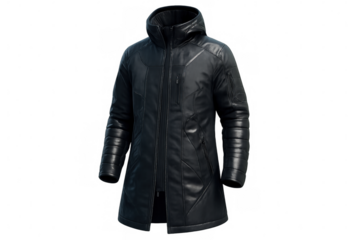 Black modern hooded long coat for men. Winter tactical outerwear for extreme weather conditions