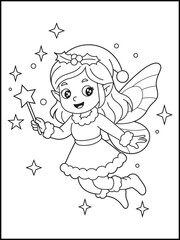 Christmas Fairy with Santa Hat and Wand. Happy Holiday Coloring Book Page for kids.