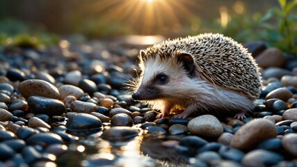A hedgehog exploring a rocky riverbank at sunrise, surrounded by pebbles and gentle water reflections