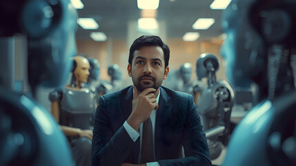Thoughtful male executives considering implementing futuristic AI technology in their organizations. businessman sits in modern office surrounded by many robots contemplating