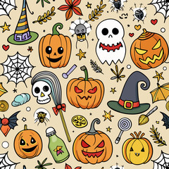 Seamless Hand-Drawn Halloween Doodle Pattern with Pumpkins Ghosts Spiderwebs and Skulls