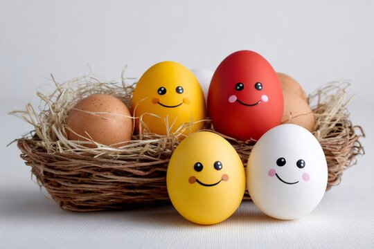 Happy Easter eggs with smiling faces in nest