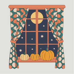 Vintage Halloween Curtain Window Vector