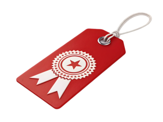 Guarantee premium quality with this stylish red tag featuring a central star emblem and flowing white ribbons, perfect for adding a touch of elegance and trust to your brand