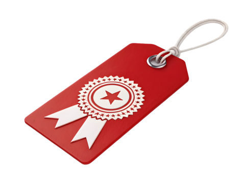 Guarantee premium quality with this stylish red tag featuring a central star emblem and flowing white ribbons, perfect for adding a touch of elegance and trust to your brand