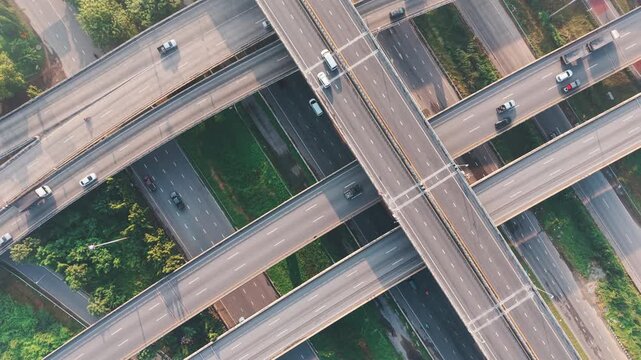 Aerial view city transport junction road morning light with vehicle movement transport industry
