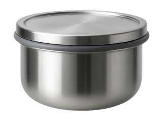Round stainless steel container with a silicone seal, ideal for leftover storage in