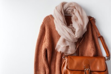 Beige scarf, rust sweater, brown bag, flatlay