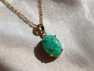 Vibrant Oval Green Turquoise Gemstone Pendant Gold Chain Necklace Soft Fabric Background Stylish Jewelry Accessory Natural Stone Beauty Fashion Adornment