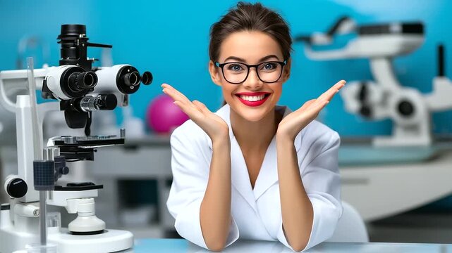Modern healthcare theme &mdash; female patient surprised at diagnosis, optometrist equipment and eye test background, with copy space.