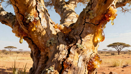 Resin dripping from a frankincense tree in a dry savanna landscape