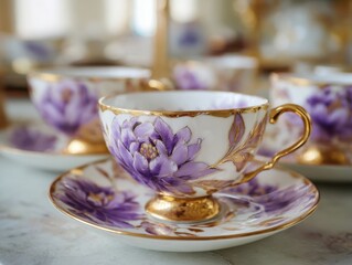 Ornate Porcelain Tea Cup and Saucer with Gold and Purple Peony Flower Design, Luxurious Tableware, Classic Dining Experience, Elegant Home Accent, Fine China