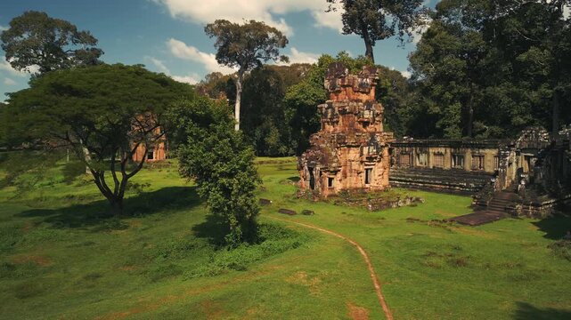 Drone Sideways Pan Over Suor Proat Temple Ruins In Angkor Wat Cambodia