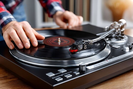 Man playing vinyl record on turntable, enjoying music
