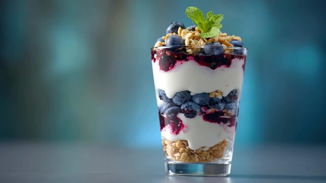 Layered Yogurt Parfait In A Clear Glass With Blueberries And Raspberries, Granola Crunch, Fresh Mint, Creamy White Yogurt, Rich Berry Colors, Soft Blue Backdrop, Breakfast Dessert Shot With