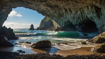 Serene coastal cave with crashing waves, rocky beach, and vibrant cliffs under a clear blue sky
