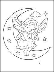 Obraz premium Sleeping Fairy Sitting on Crescent Moon Coloring Page for Kids. Illustration of a Cute Dreamy Fairy with Wings and Stars. Magical Night Sky Coloring Page for Children. Easy Printable Art Activity