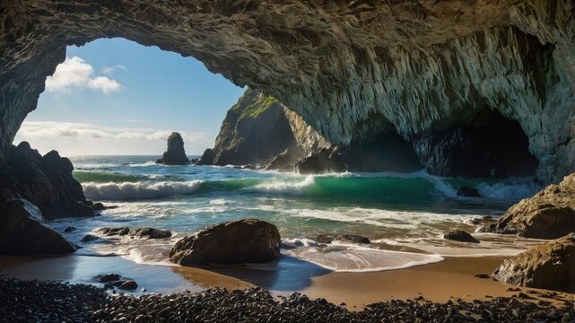 Serene coastal cave with crashing waves, rocky beach, and vibrant cliffs under a clear blue sky