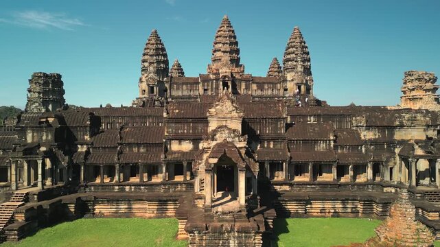 Drone Rising Aerial View Of Angkor Wat Temple Complex In Cambodia