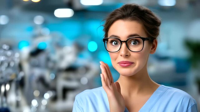 Eye care advertisement &mdash; woman surprised while holding her glasses, ophthalmic tools in background softly blurred, with copy space.