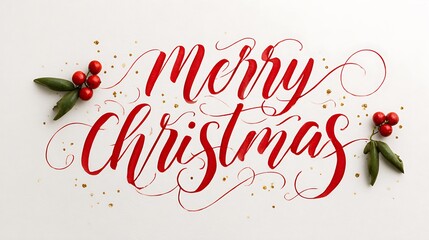 Merry Christmas in Red Cursive Script with Holly and Gold Accents
