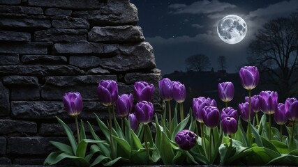 Vibrant purple tulips blooming against a stone wall under a full moon in a serene night landscape