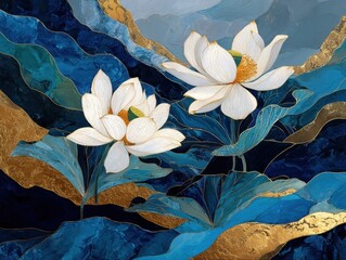 Vibrant Blue and Gold Mountainscape Featuring White Lotus Flowers Asian Inspired Artistic Illustration