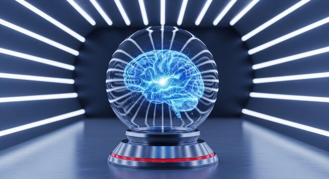 Innovative visual representation of a digital brain inside a glass sphere in a futuristic environment