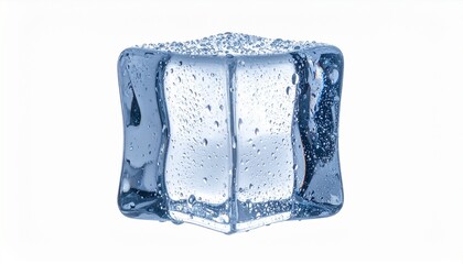 Obraz premium Close-up of a single melting ice cube with water droplets on a pristine white background, perfect for refreshing drink concepts and cool visuals.